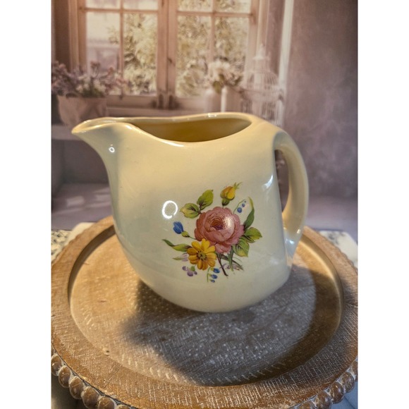 Hall Pottery Other - Vintage Floral water jug Cream Color USA Ceramic Rose Flower Decor Farmhouse